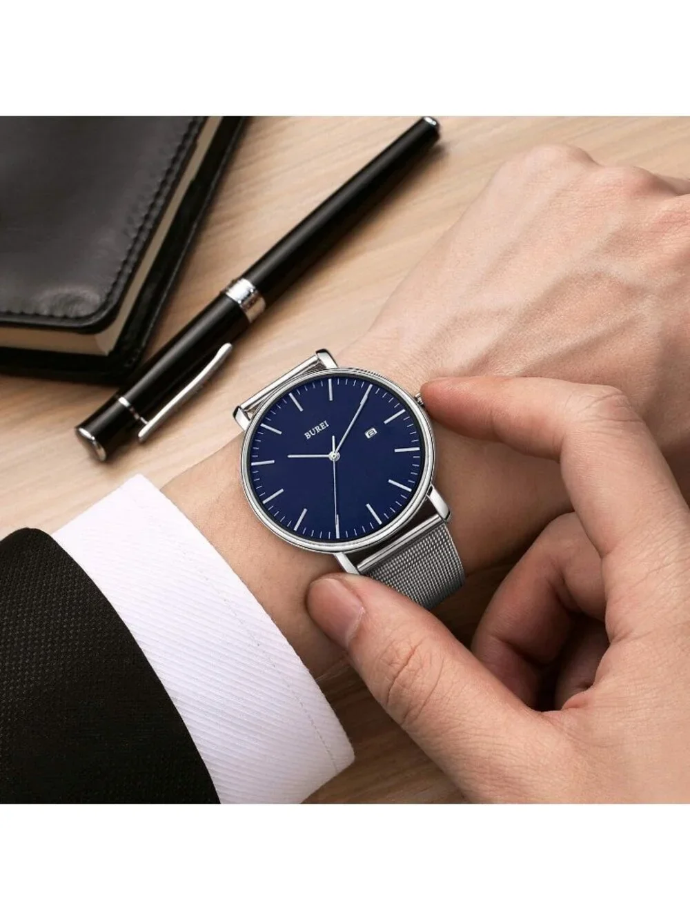 Men's Silver Blue Classic Mesh Strap Minimalist Analog Quartz Waterproof Watch